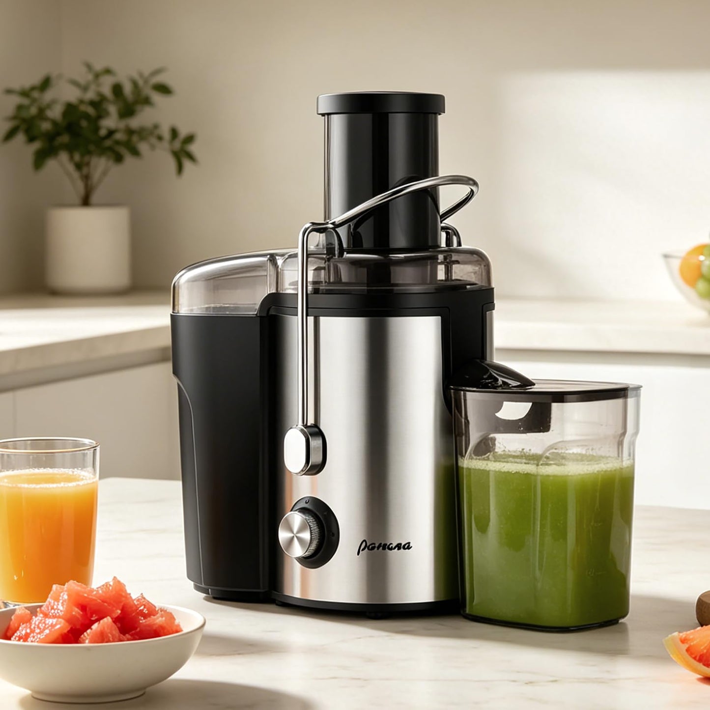 Panana Centrifugal Juicer Extractor with Wide Mouth 2.5” Feed Chute for Fruit Vegetable, Easy to Clean, Stainless Steel, BPA-free (Silver)