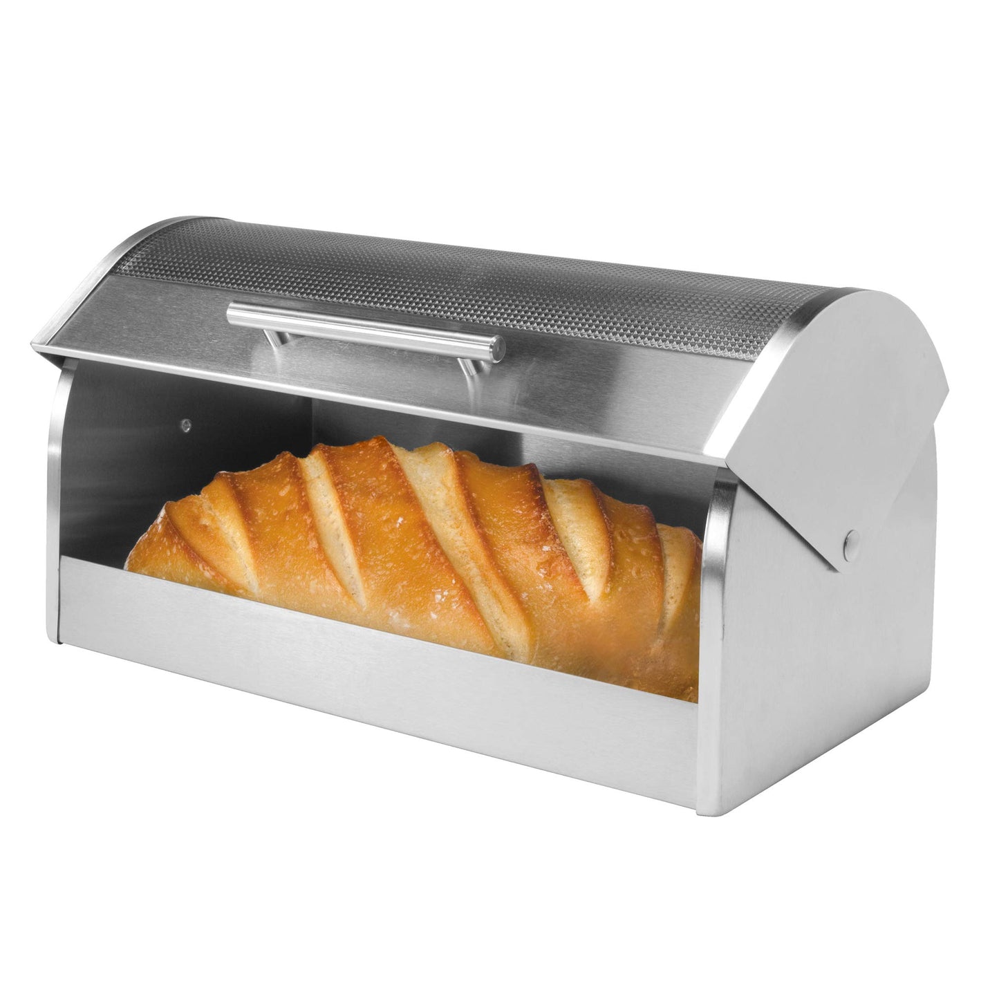 Oggi Stainless Steel Roll Top Bread Box for Kitchen Countertop with Tempered Glass Lid - Fits Multiple Large Loaves of Bread and Other Freshly Baked Goods Including Cookies, Bagels, Muffins