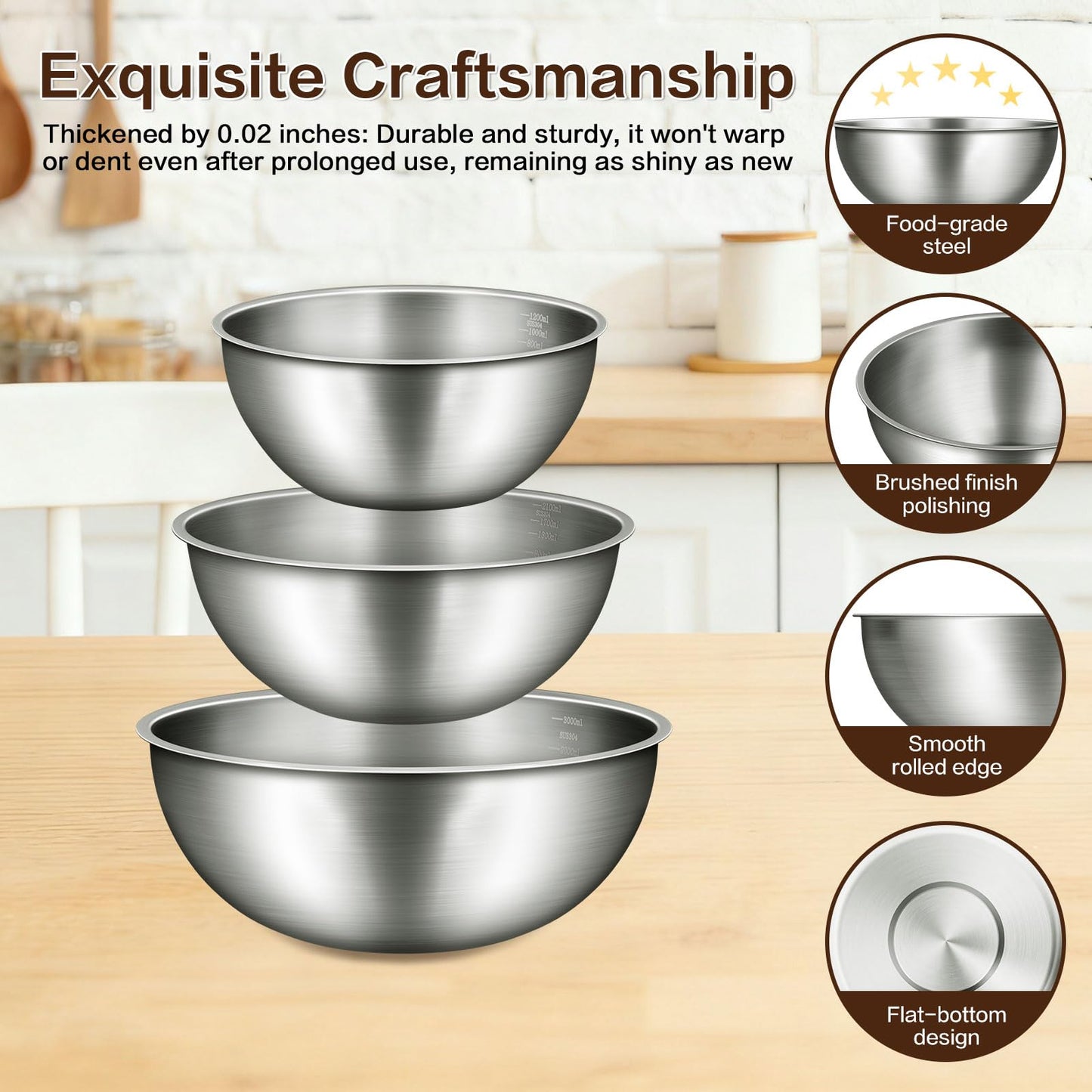 Gronivex Metal Mixing Bowls, 304 Stainless Steel, Set of 3 (1.5, 2.2 & 3.4 Qt) – Thicker-Gauge, Stackable Nesting & Space-Saving – Classic Everyday Bowls for Baking, Salad Prep & Cooking