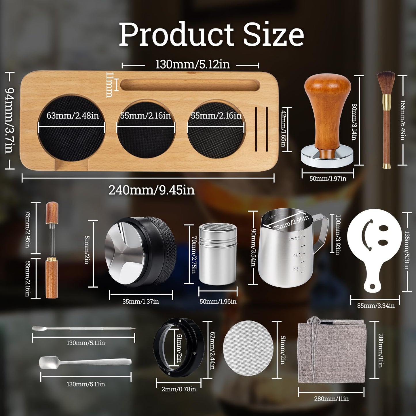 28PCS Espresso Accessories Kit,51mm Espresso Tamper Tools,Includes Wood Station,Distributor,Stirrer,Dosing Funnel,Brush,Puck Screen,Frothing Pitcher,Latte Pen,Powder Ring,Towel,Decorative Stencils