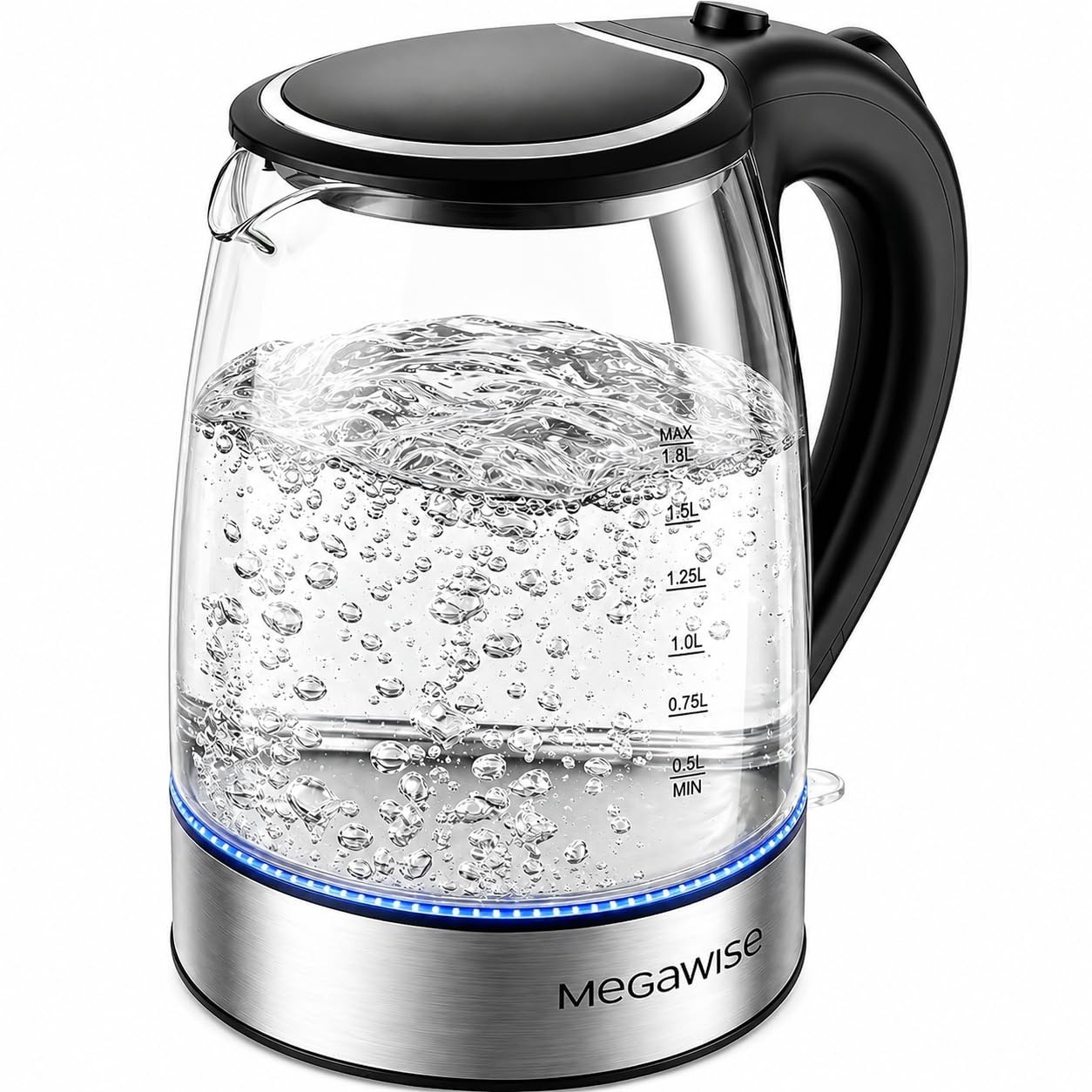 MEGAWISE Electric Kettle, No Plastic Contact with Water, Auto Shut-Off, Fast Boil, 1.8L Electric Glass Kettle, Hot Water Boiler, Tea Kettle, Borosilicate Glass, Black, 1000W