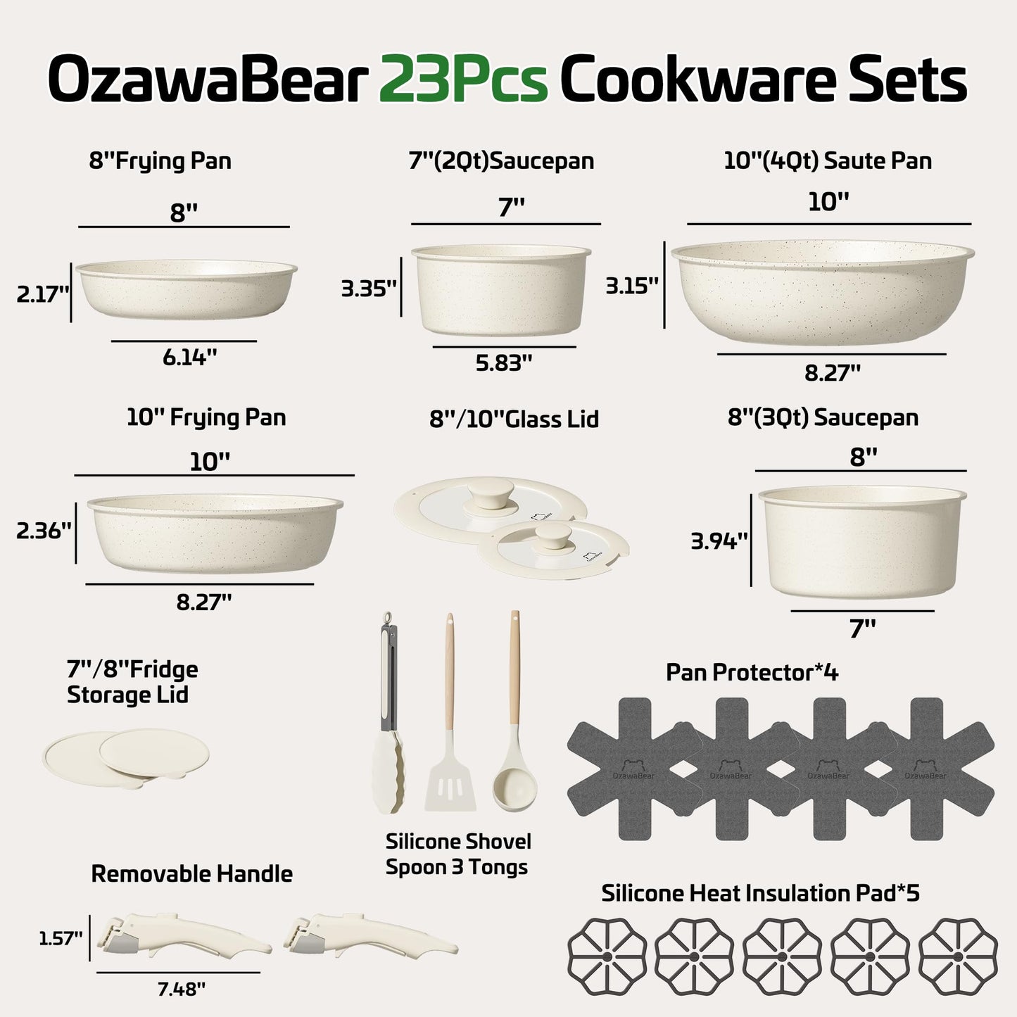 OzawaBear 23 Pcs Pots and Pans Set Non Stick, Ceramic Cookware Set Non Toxic with Detachable Handles, Healthy Induction Cookware Oven Safe RV Kitchen Set, PFAS PFOA & PTFE Free, Cream White