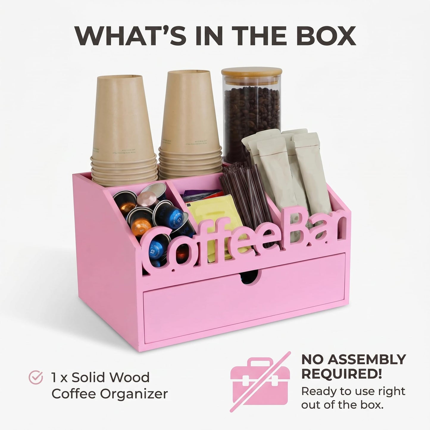 ADDFIT HOUSE Coffee Bar Organizer for Countertop – Wooden Coffee Station, Tea and K Cup, Condiment Storage Rack, Coffee Pod Holder for Home and Office Counter Organization (Drawer - Pink)
