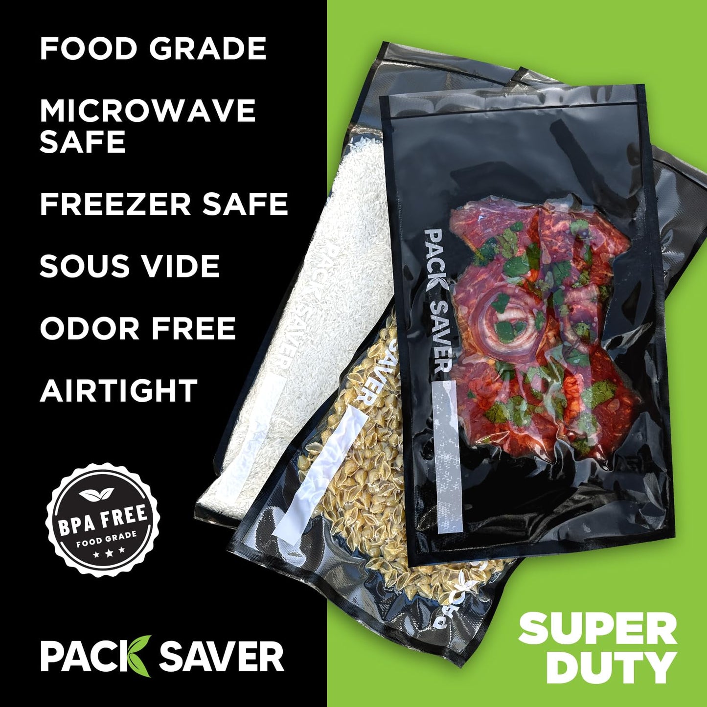 Pack Saver Vacuum Sealer Bags 50 Pack - 11"x19" Heavy Duty Pre-Cut Food Storage Bags for Food Saver, Meal Prep, Sous Vide - Commercial Grade BPA Free (Clear & Black)