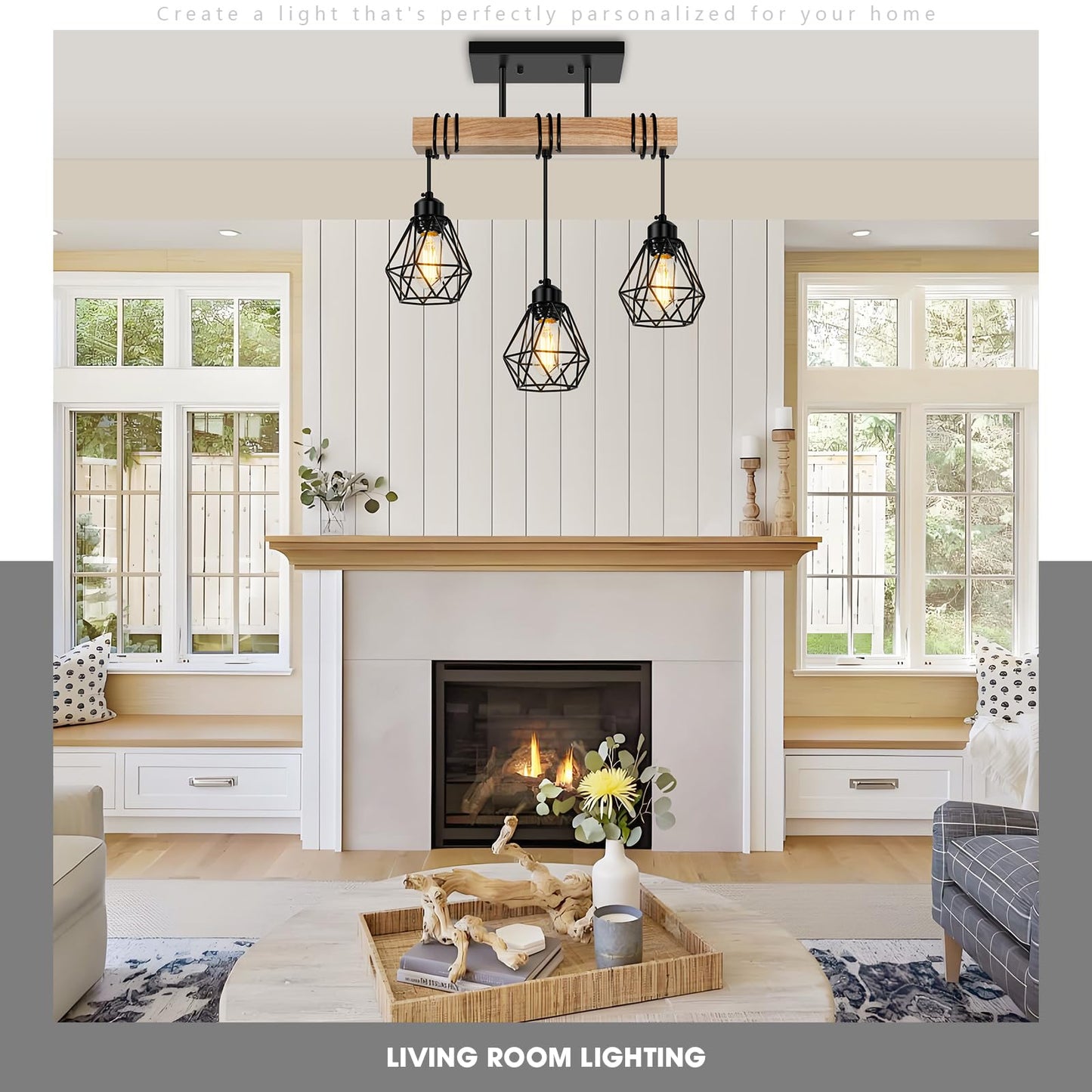 Feanron 3-Lights Farmhouse Dining Room Pendant Light Fixtures Over Table, Rustic Solid Wood Kitchen Island Lighting Hanging with Metal Shades, Modern Black Ceiling Pendant Lamp for Living Room Hallway