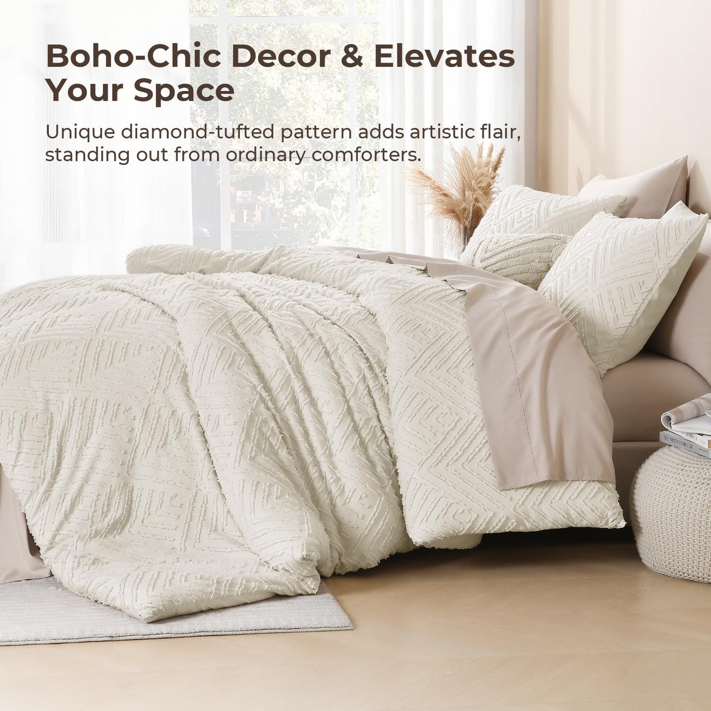 Litanika King Size Comforter Set Beige, 3 Pieces Cream Tufted Boho Farmhouse Bedding Comforter Sets, Lightweight Fluffy Comforter Bed Set for All Season (104x90In Comforter and 2 Pillowcases)