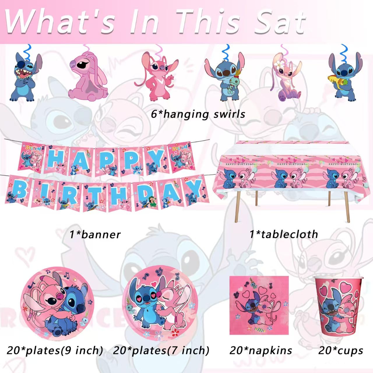 88Pcs pink Stitch Party supplies, including banners, plates, paper cups, tissues, pendant decorations, perfect for Stitch themed birthdays! Featuring cute pink stitching print