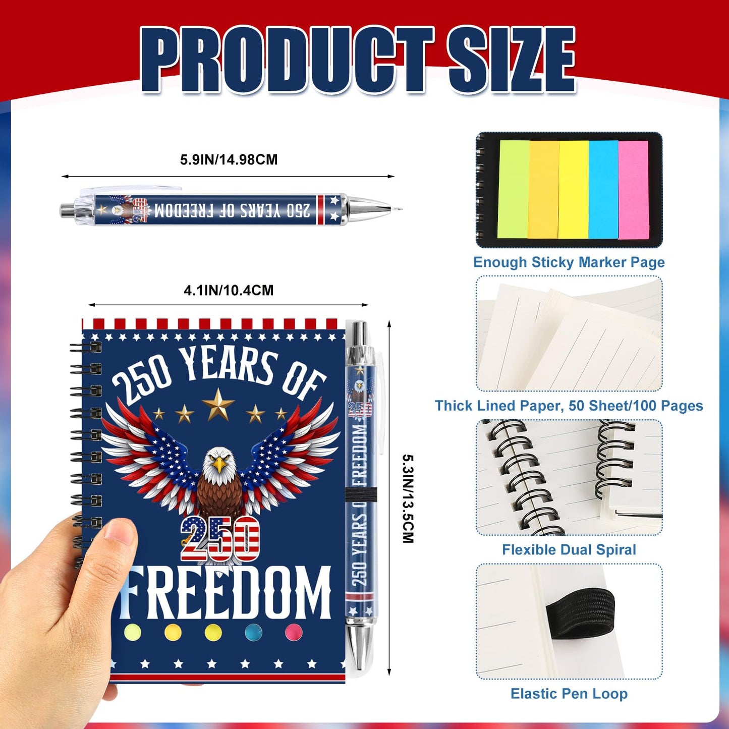 24 Sets/ 48 Pcs 250th Anniversary Spiral Notepads Bulk 4th of July Souvenir Notebooks and Ballpoint Pens Patriotic USA Gifts for 250 Anniversary USA Independence Memorial Day Office Party Supplies