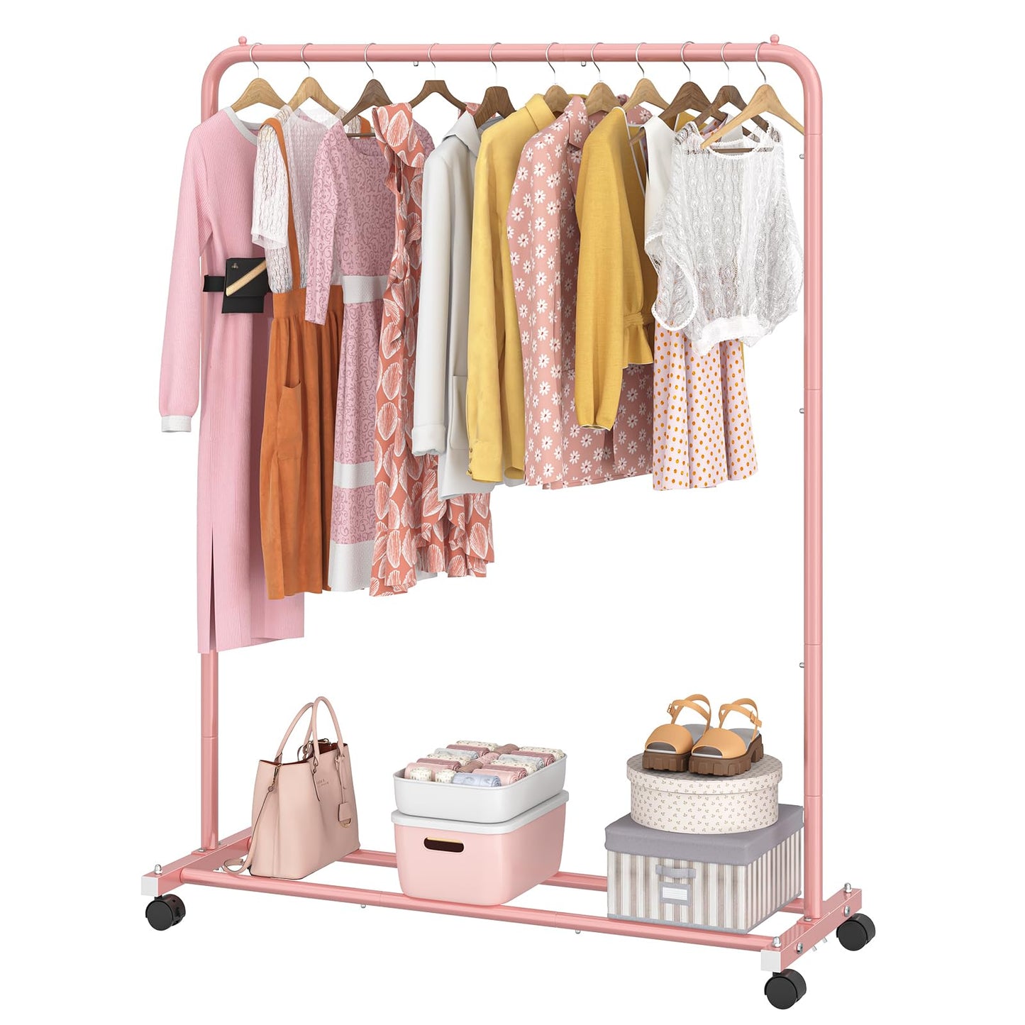 Simple Trending Standard Clothes Clothing Garment Rack with Storage Shelves, Rolling Clothes Organizer on Wheels for Hanging Clothes, Pink
