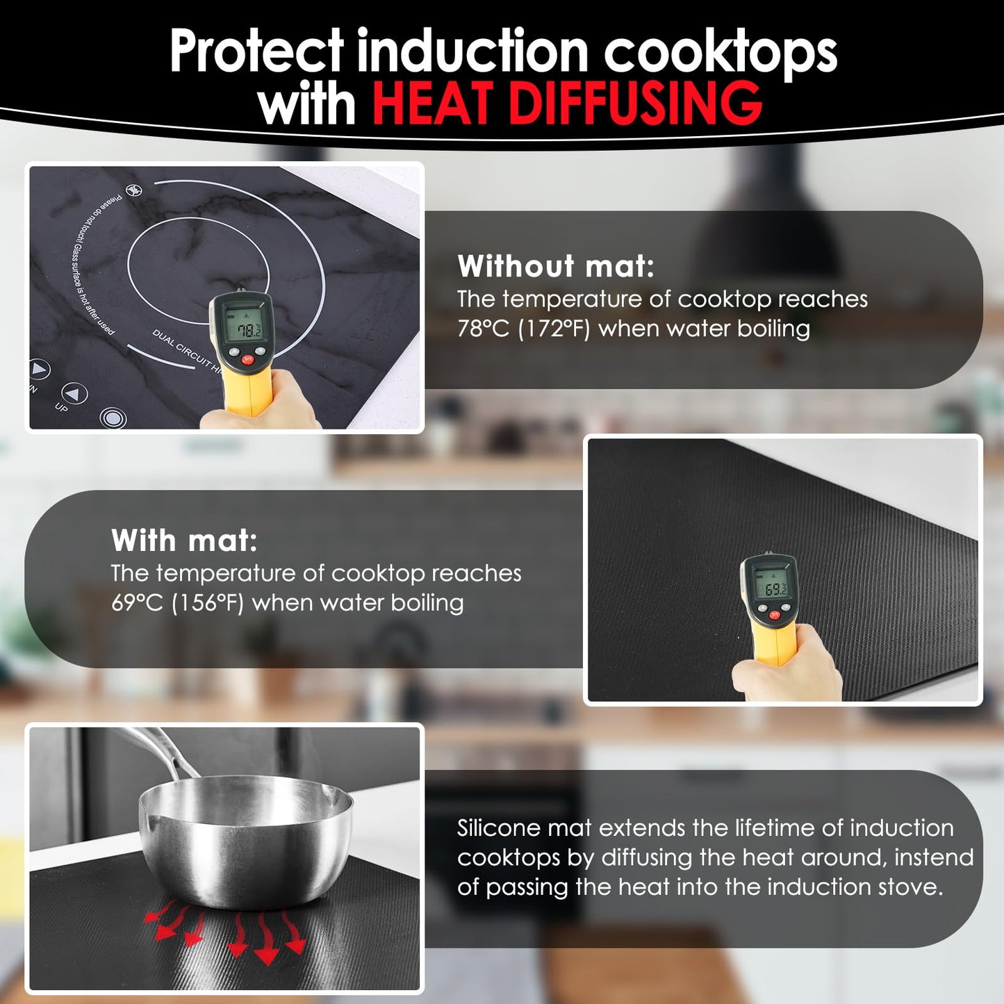 Cook's Aid Newly-upgraded Silicone Induction Cooktop Protector Cover Stove Mat 20.2" x 30.7" (Magnetic) | 300°C (572°F) Heat-Resistant | Power Boost Compatible | Prevents Pot Sliding & Scratches (3)
