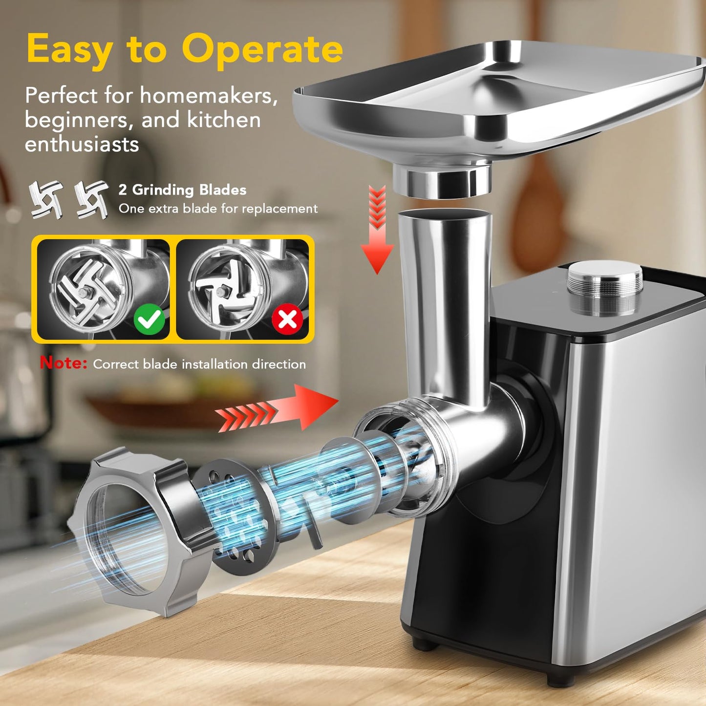 Electric Meat Grinder- 350W Motor with Sausage Stuffer & Meatballs Making, Food Grinder with Stainless Steel Blade & 3 Plates, Heavy Duty Meat Mincer for Home Kitchen & Restaurant