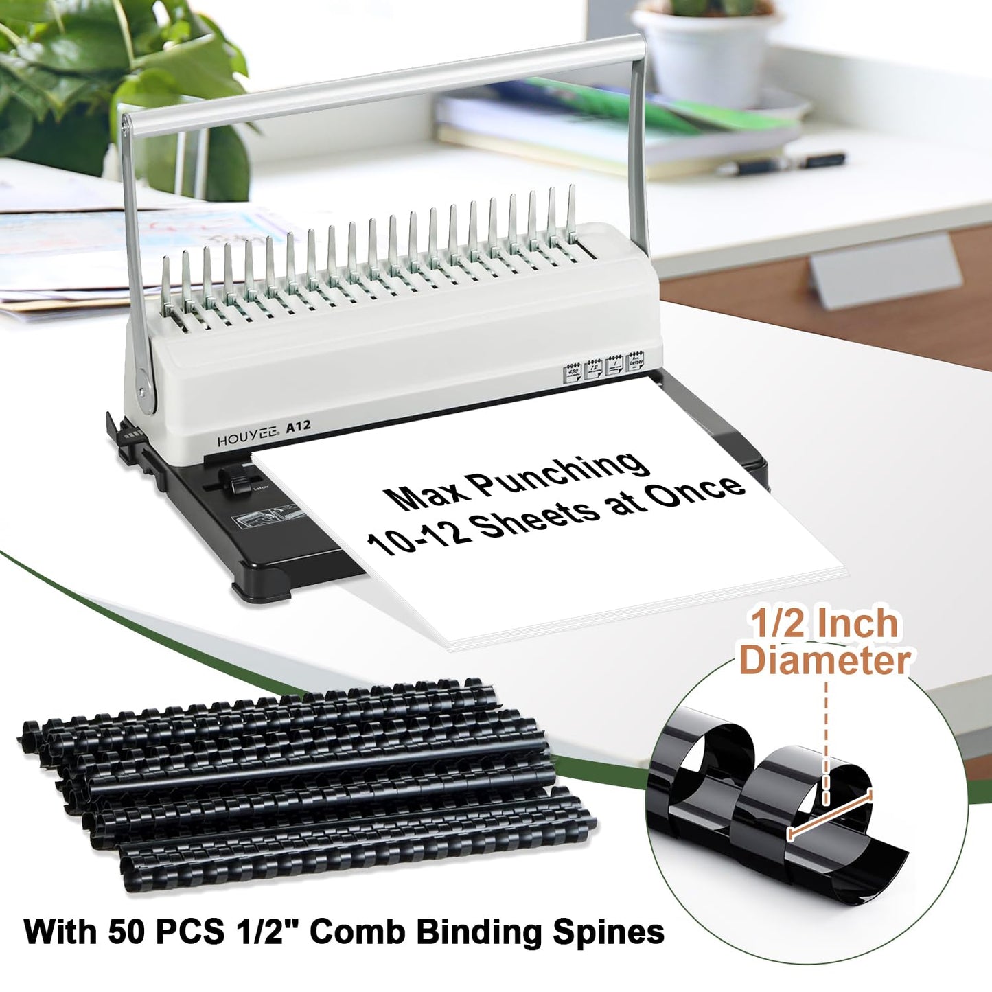 HOUYEE Binding Machine, 19 Holes, 450 Sheets, Comb Binding Machines with 50 PCS 1/2" Comb Binding Spines, Comb Binder Machine for Letter Size Paper，Adjustable Margin
