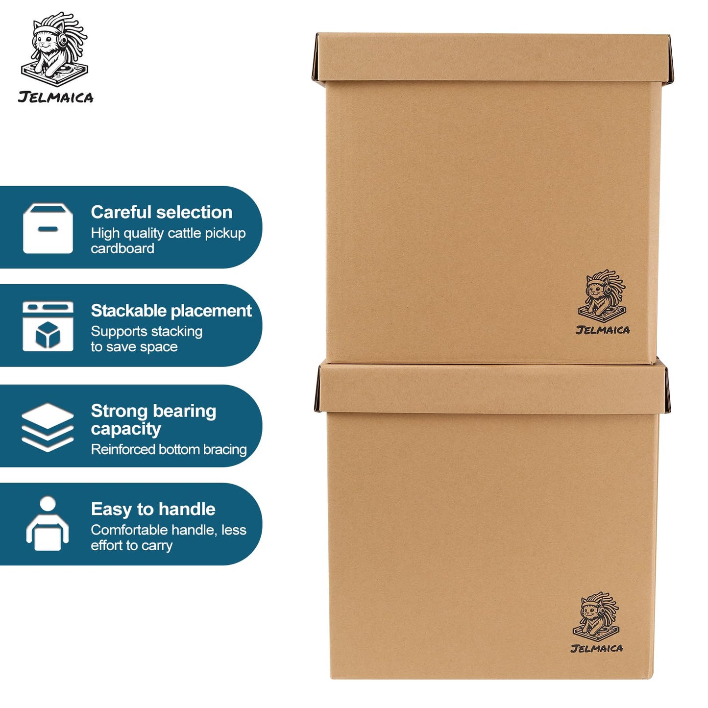 Jelmaica 12" Vinyl Record Storage and Moving Box - Sturdy Cardboard with Removable Lid - Holds up to 60 Records or Laser Discs - Set of 2 Boxes (2) (2)