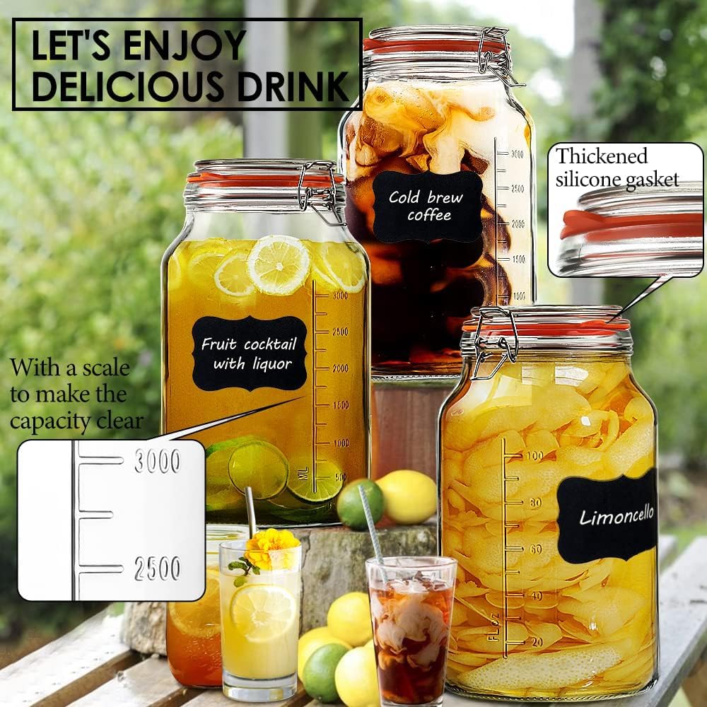 1 Gallon Glass Jars with Airtight Lid, Large Glass Storage Containers with Lids, 2 Pack Wide Mouth Mason Jars with Measurement Marks, Kitchen Pantry Storage for Flour, Sugar, 138oz, Dishwasher safe