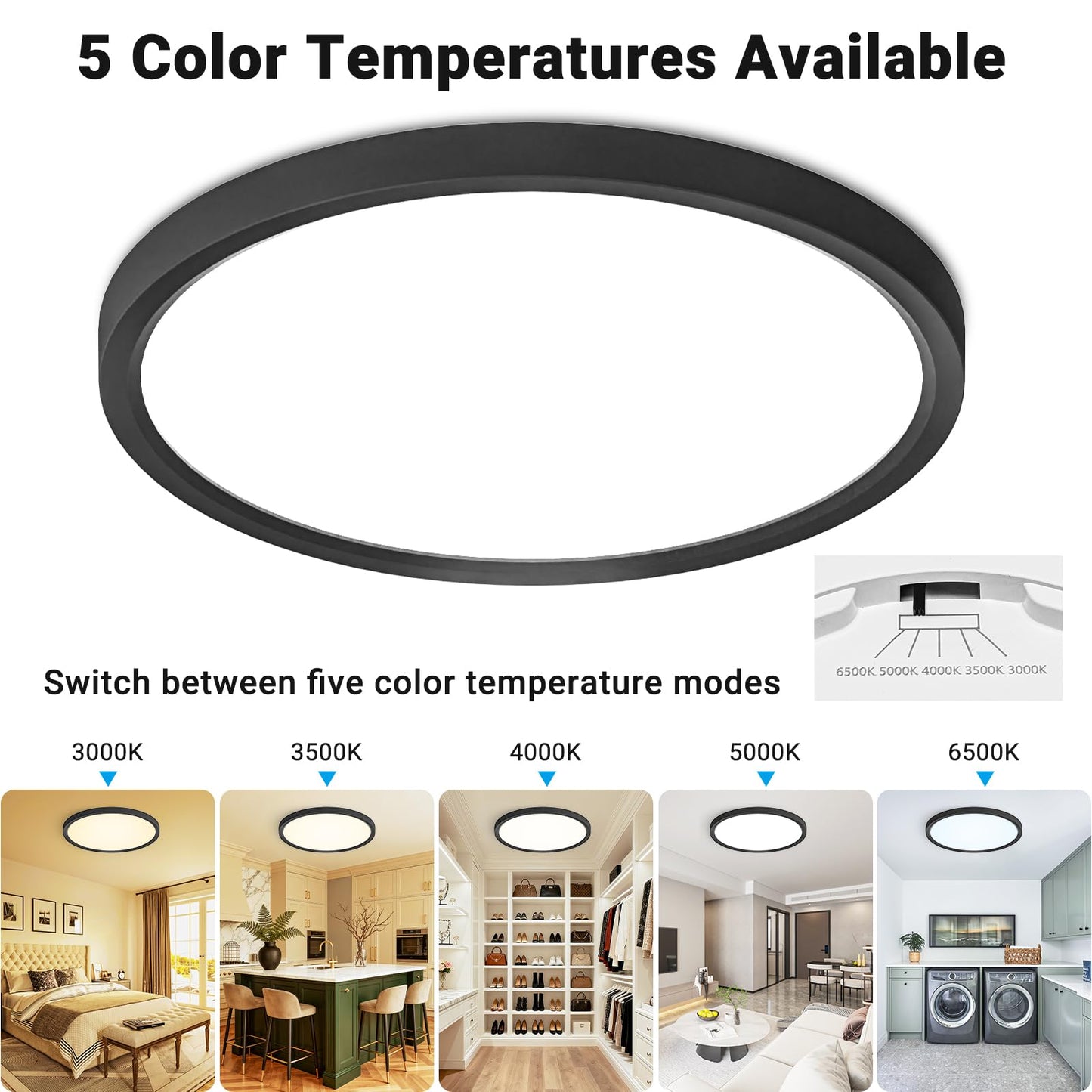 Fairdeer 4 Pack LED Flush Mount Ceiling Light,12Inch 24W,3000K/3500K/4000K/5000K/6500K 5 Color Temperatures Ceiling Light Fixture for Kitchen Porch Hallway Bedroom Bathroom and Closet,Black