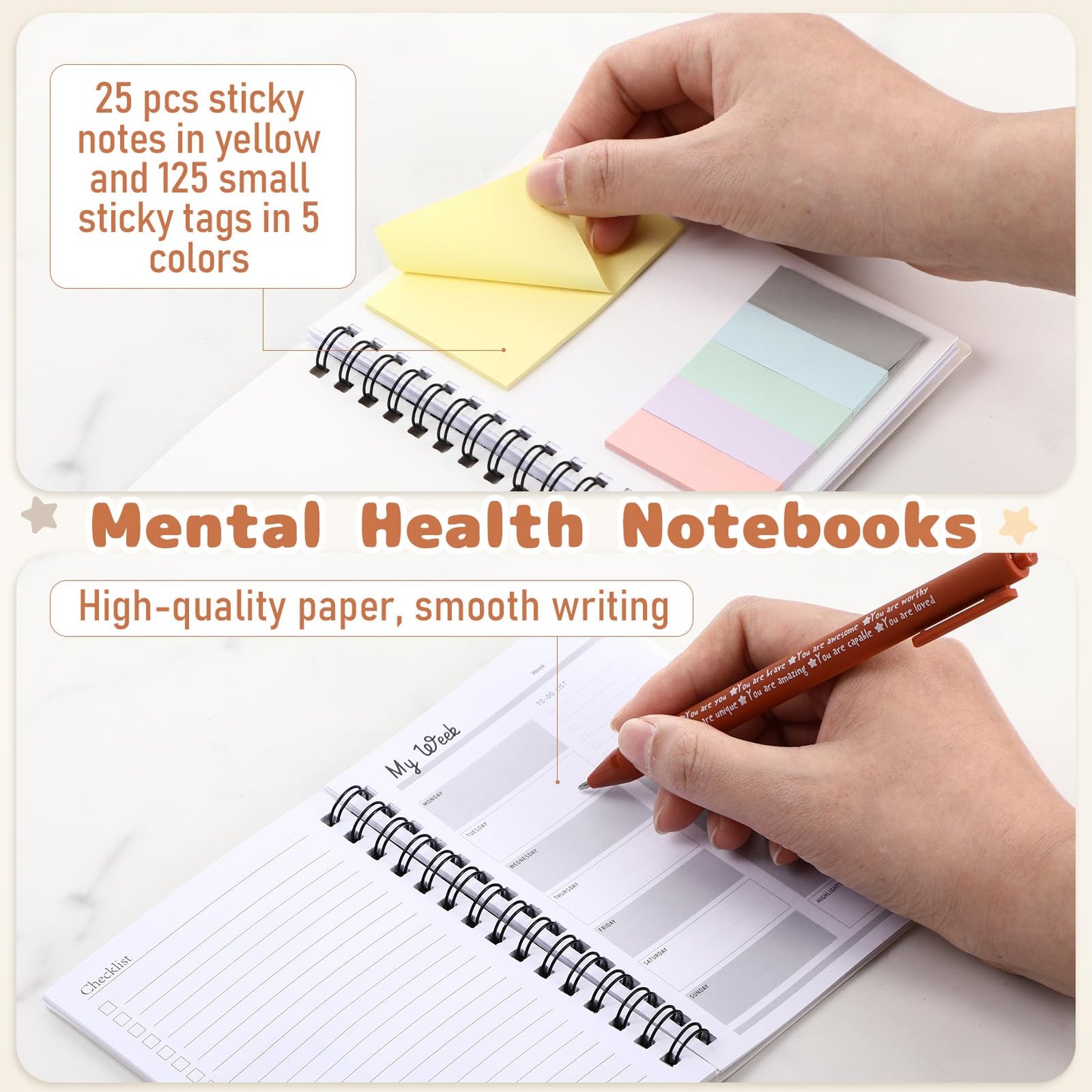 Janlaugh 60 Pcs Mental Health Awareness Gifts Wellness Gifts Bulk Include 30 Mental Health Planners Journals with Sticky Notes 30 Positive Affirmation Pens Self Care Item for Coworker Teacher Student