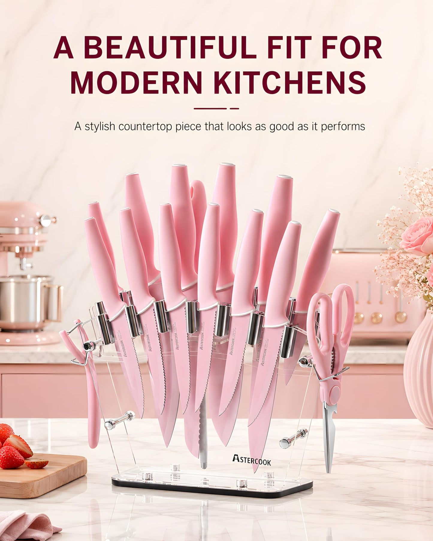 Astercook Knife Set with Block and Sharpener, 22 Piece Kitchen Knife Set Dishwasher Safe, Space-Saving Clear Knife Block with Knives for Everyday Home Cooking Pink