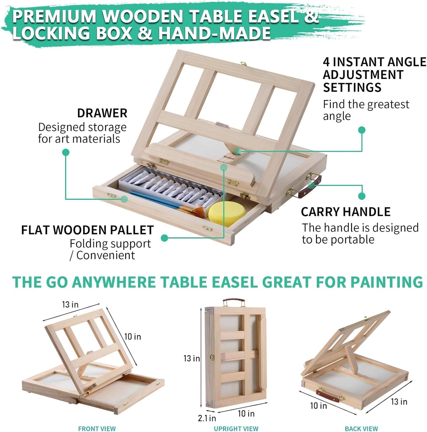 Wooden Tabletop Art Easel Set for Painting, 54 Pieces Starter Acrylic Paint Set with 24 Colors Acrylic Paints, Canvases, Sketch Pads, Brushes and Palette for Beginners Young Artists and Adults
