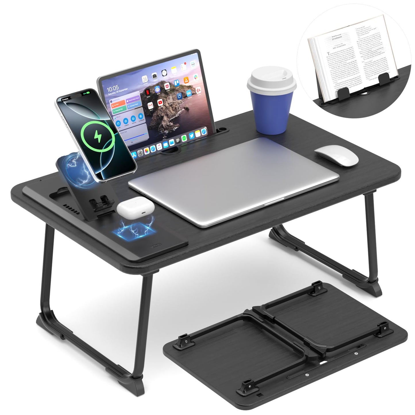 KONDOUND Foldable Laptop Desk for Bed with Wireless Charger - Large Lap Computer Tray Table with Tablet Slot and Book Shelf Read Table for Couch Chair Floor for Writing, Studying Eating, and WFH