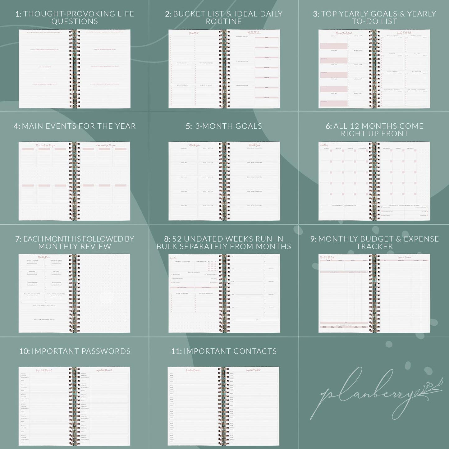PLANBERRY Large Weekly Planner Premium – Undated Life & Budget Planner – Organizer & Productivity Journal, 8x10.4″ (Green Pastures)