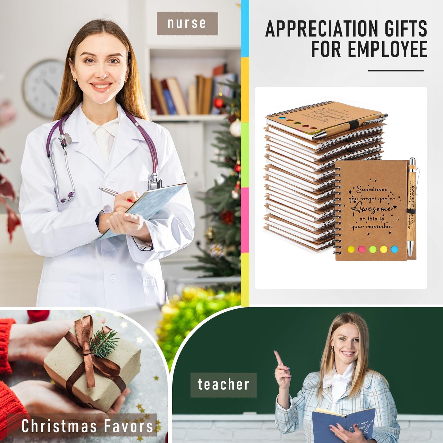 Chuangdi 20 Sets End of Year Teacher Gifts Appreciation Journal Inspirational Notebook with Sticky Notepad Bamboo Pen Bulk Graduation Thank You Gifts for Student Staff Team Coworker Nurse(Kraft)