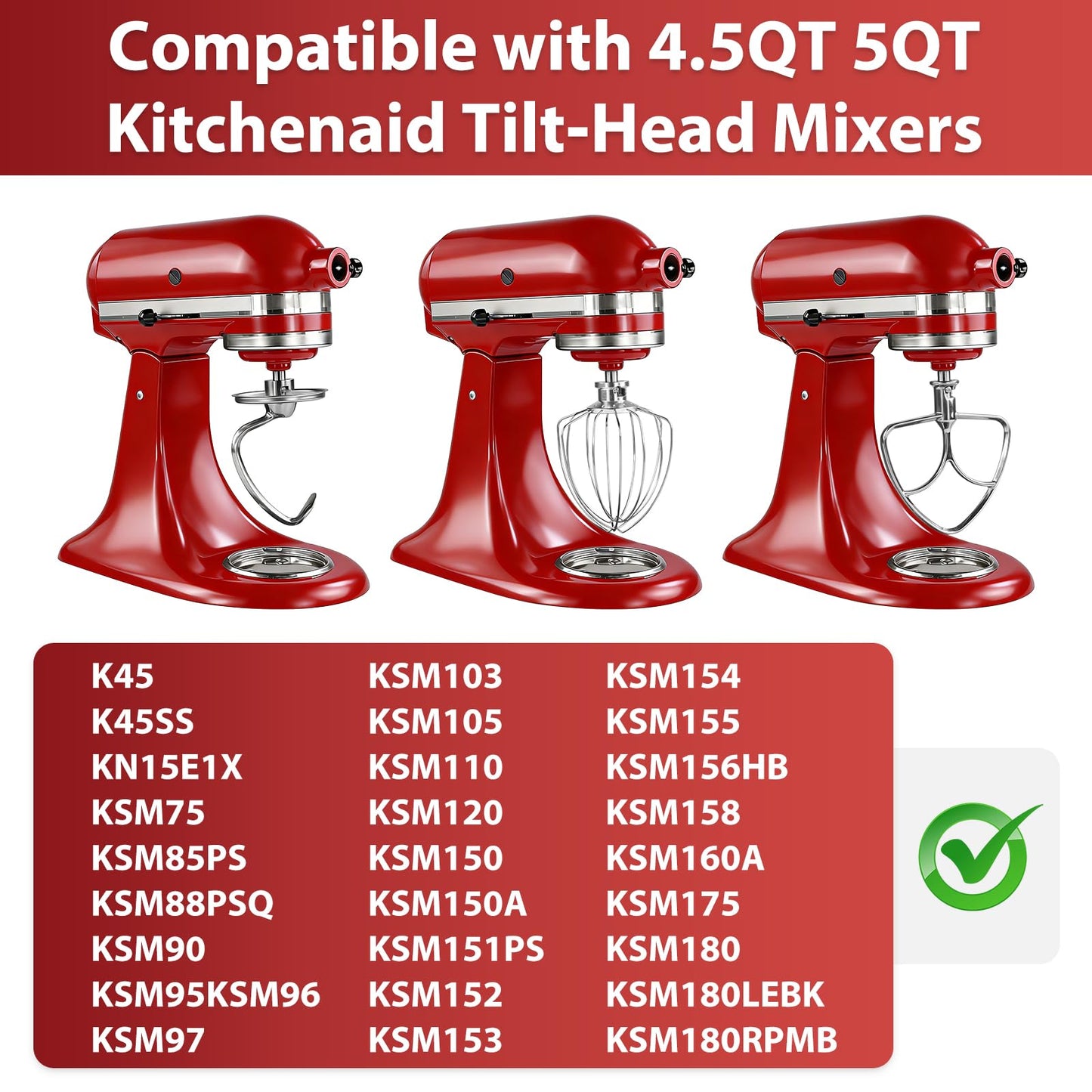 KITOART 3-Piece Kit Mixer Attachments for KitchenAid 4.5-5QT Tilt-Head Stand Mixer - K45WW & K45DH & K45B Replacement, All Stainless Steel, Dishwasher Safe