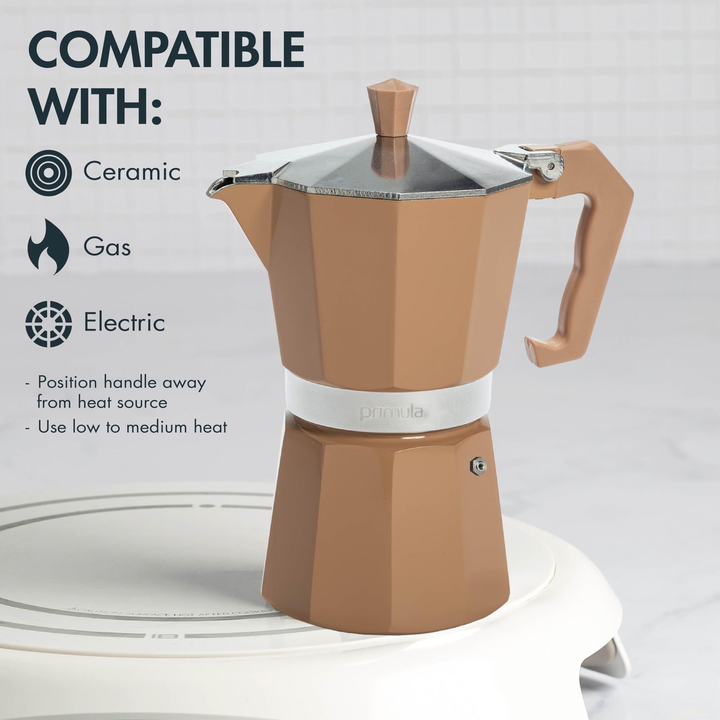 Primula Classic Moka Pot Stovetop Espresso and Coffee Maker, Italian and Cuban Cafetera for Rich Espresso Brewing, Durable Aluminum Greca Coffee Maker with Easy Grip Handle, 6-Cup, Caramel