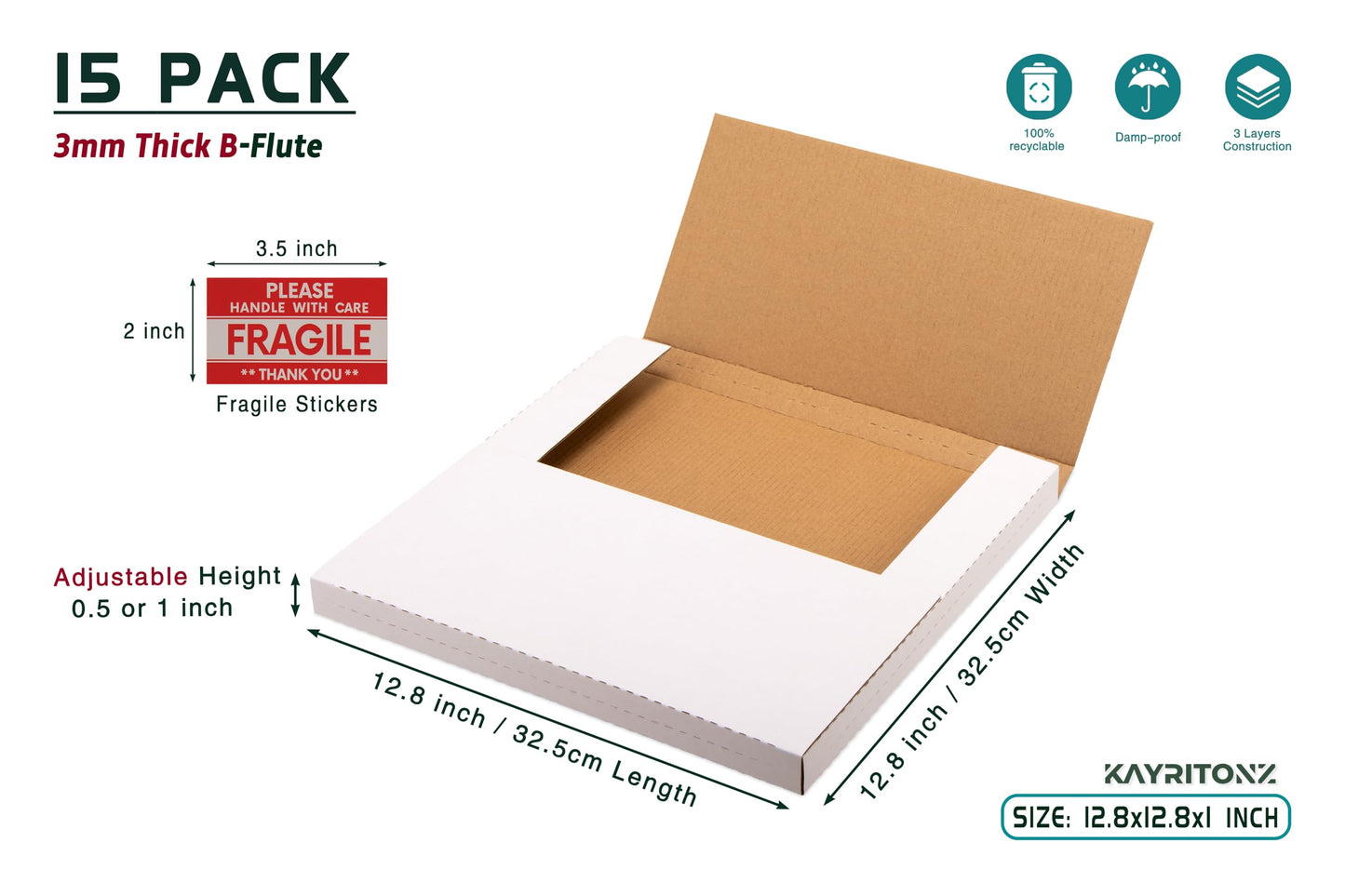 Kayritonz Vinyl Record Mailers, 12.8x12.8x1 inch Corrugated Cardboard Album Shipping Boxes for Mailing Packaging Moving Storage, with Fragile Stickers, White, 15 Pack