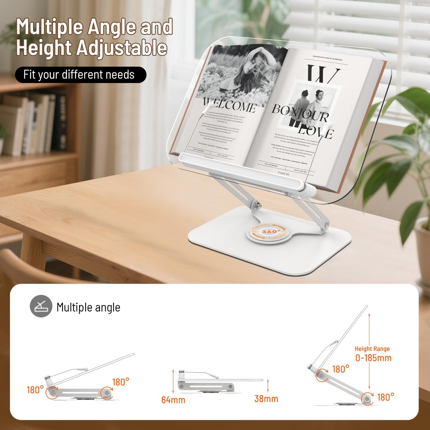 Acrylic Book Stand for Reading Hands Free - Adjustable 360° Rotating Cookbook Holder with Elastic Page Clips & Foldable Base, Multi-Angle Desktop Display Stand for Recipes, Textbooks, Tablets, Bibles
