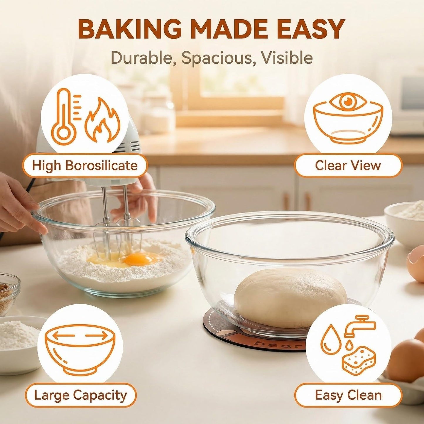 BECFISH Large Borosilicate Glass Mixing Bowls, Set of 2 (6.4QT, 3.7QT) - Heavy-Duty, Stackable & Lead-Free. Oven, Microwave, Dishwasher & Freezer Safe. Ideal for Sourdough, Baking, Prepping, Serving.