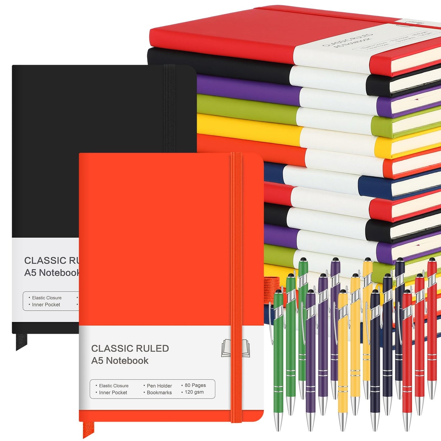 Qeeenar 15 Pack Journal Notebook Bulk A5 Hardcover Notebook Classic Journal Set with Pen Holder with 15 Pcs Pens for School Business Work Travel Writing (Multicolor)