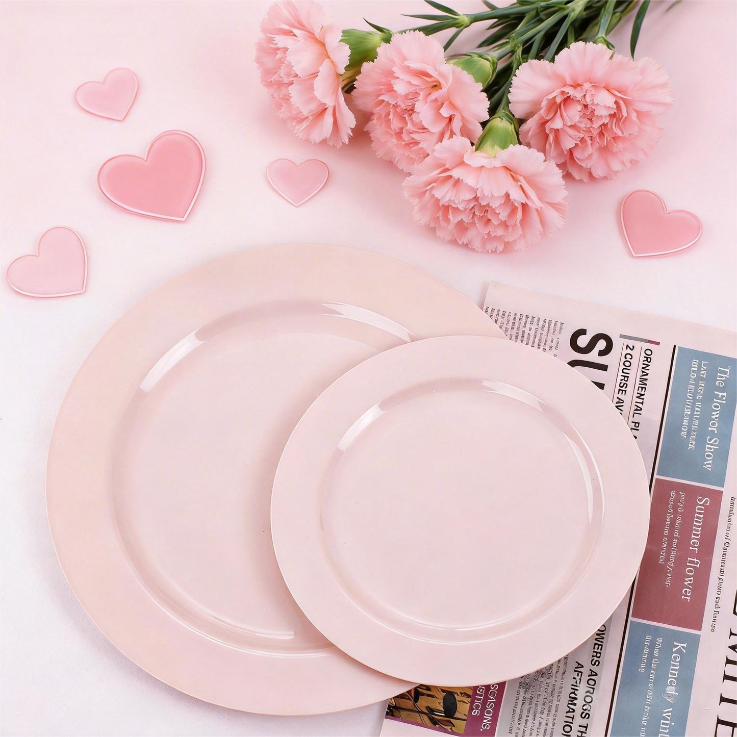 FLOWERCAT 100PCS Pink Plastic Plates - Heavy Duty Pink Party set Disposable serve for 50 guests -10 inch Dinner + 7 inch Dessert/Salad Plates for Easter,Birthday Party,Mother's Day