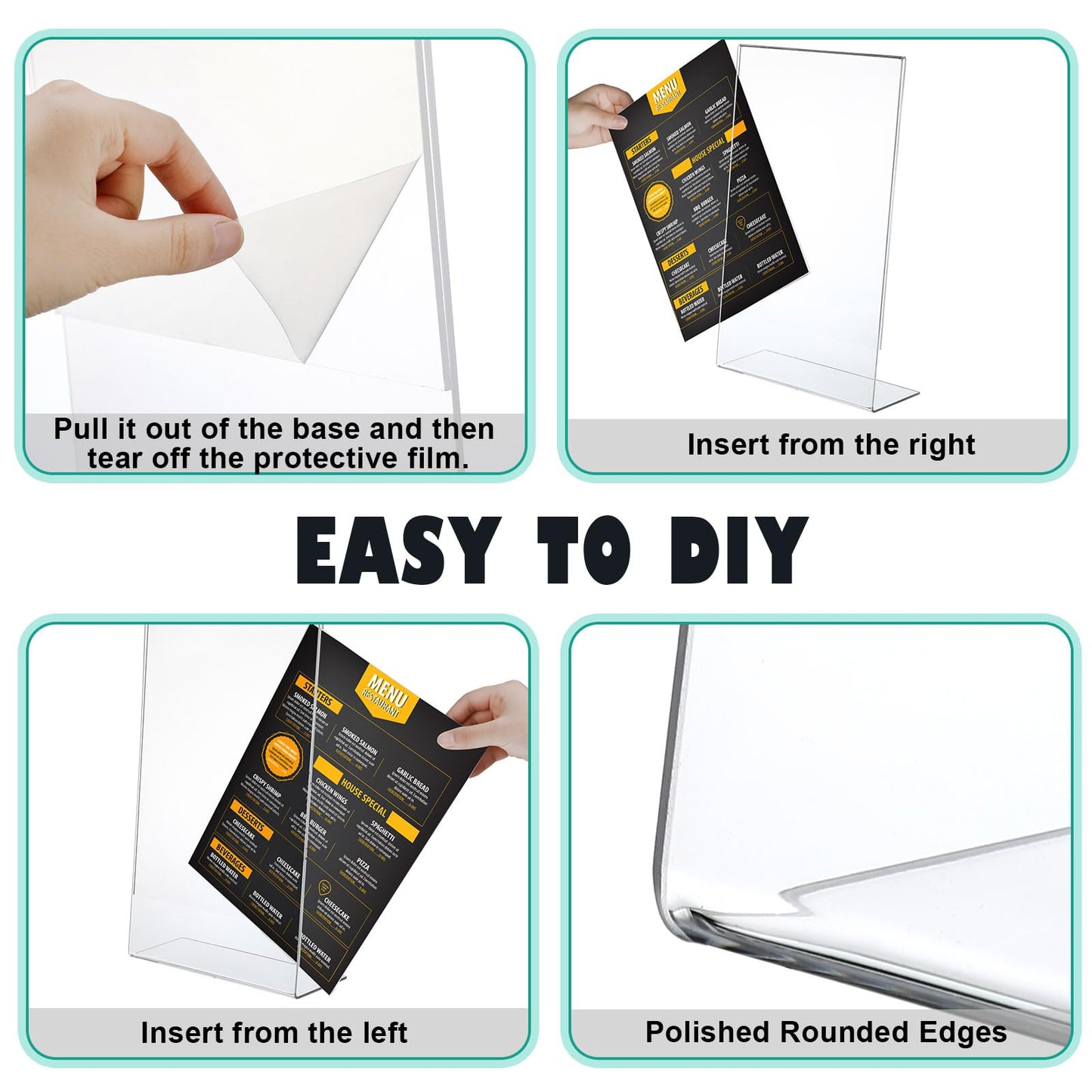 Wenqik 4 Packs 8. 5" x 14" Sign Holders Vertical l Shape Frame Acrylic Document Holder Side Loading Clear Flyer Holder Slanted Desk Paper Display Stand Graphic Poster Shelf for Restaurants Office