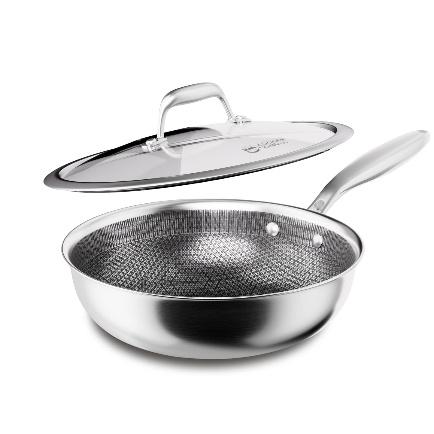COOKER KING 10-Inch Hybrid Stainless Steel Wok with Lid, Nonstick Stir Fry Pan & Deep Frying Pan, Tri-Ply Clad Honeycomb Everyday Pan, Induction Ready, Oven & Dishwasher Safe, PFOA Free