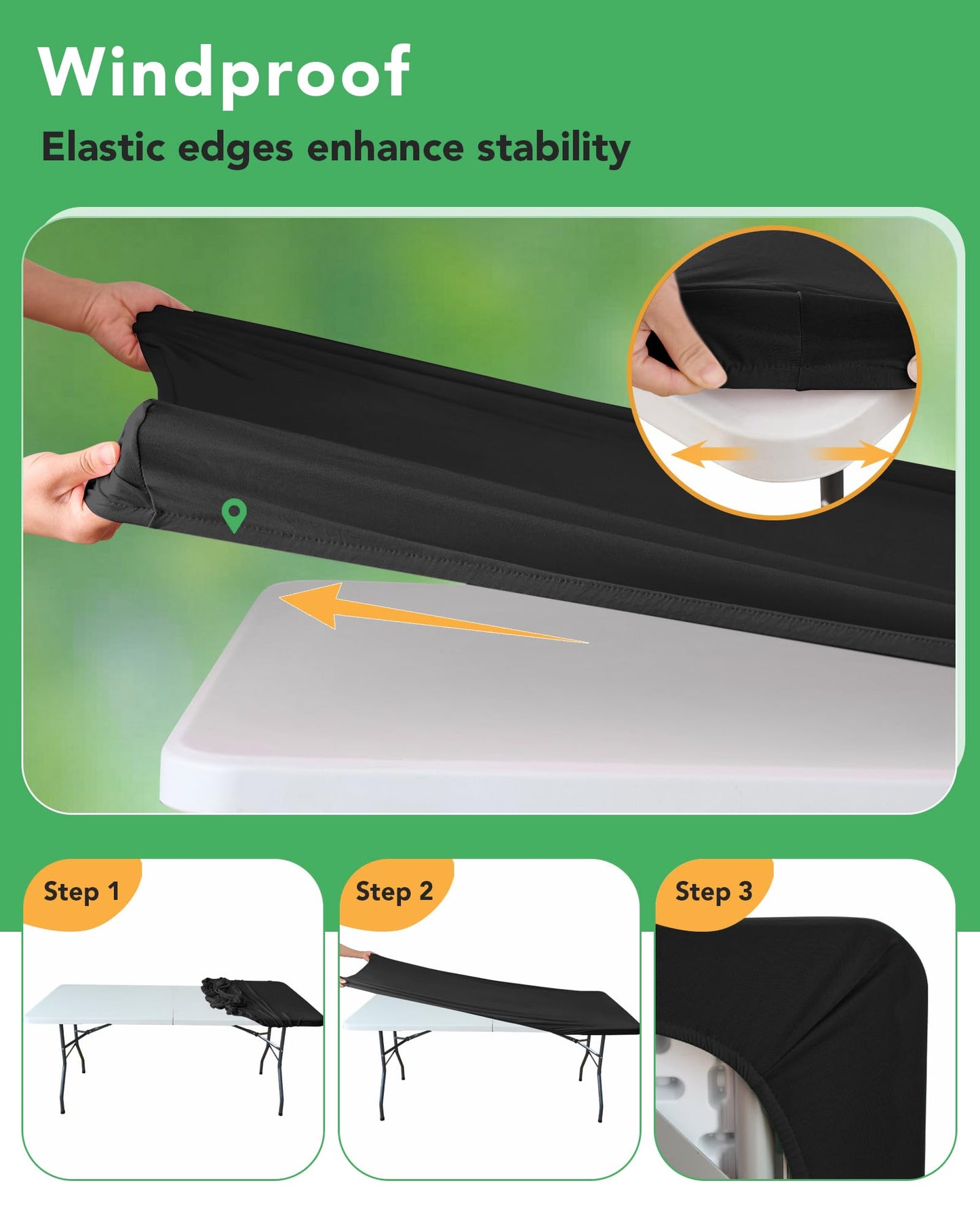 KeyWave Fitted Tablecloth Rectangle Table Cloths - 6 Pack 6 Foot Elastic Stretch Folding Table Top Cover Water-Resistant Reusable for Outdoor Picnic Camping Party Event, Black, 72" L x 30" W