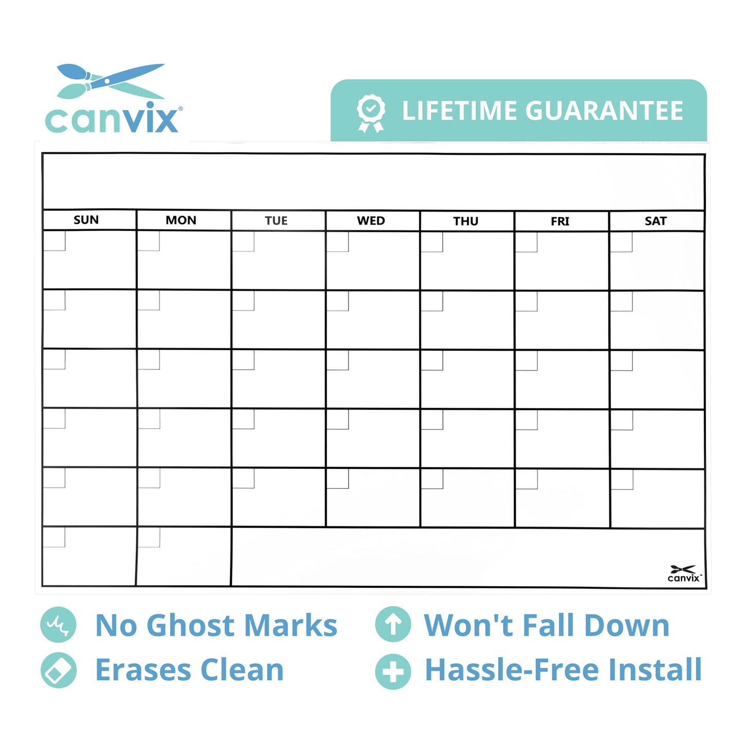 Dry Erase Whiteboard Wall Calendar Decal Sticker – 36 x 24 Inch Large Self-Adhesive, Removable, Residue Free Contact Paper for Home and Office – Marker & Eraser Included