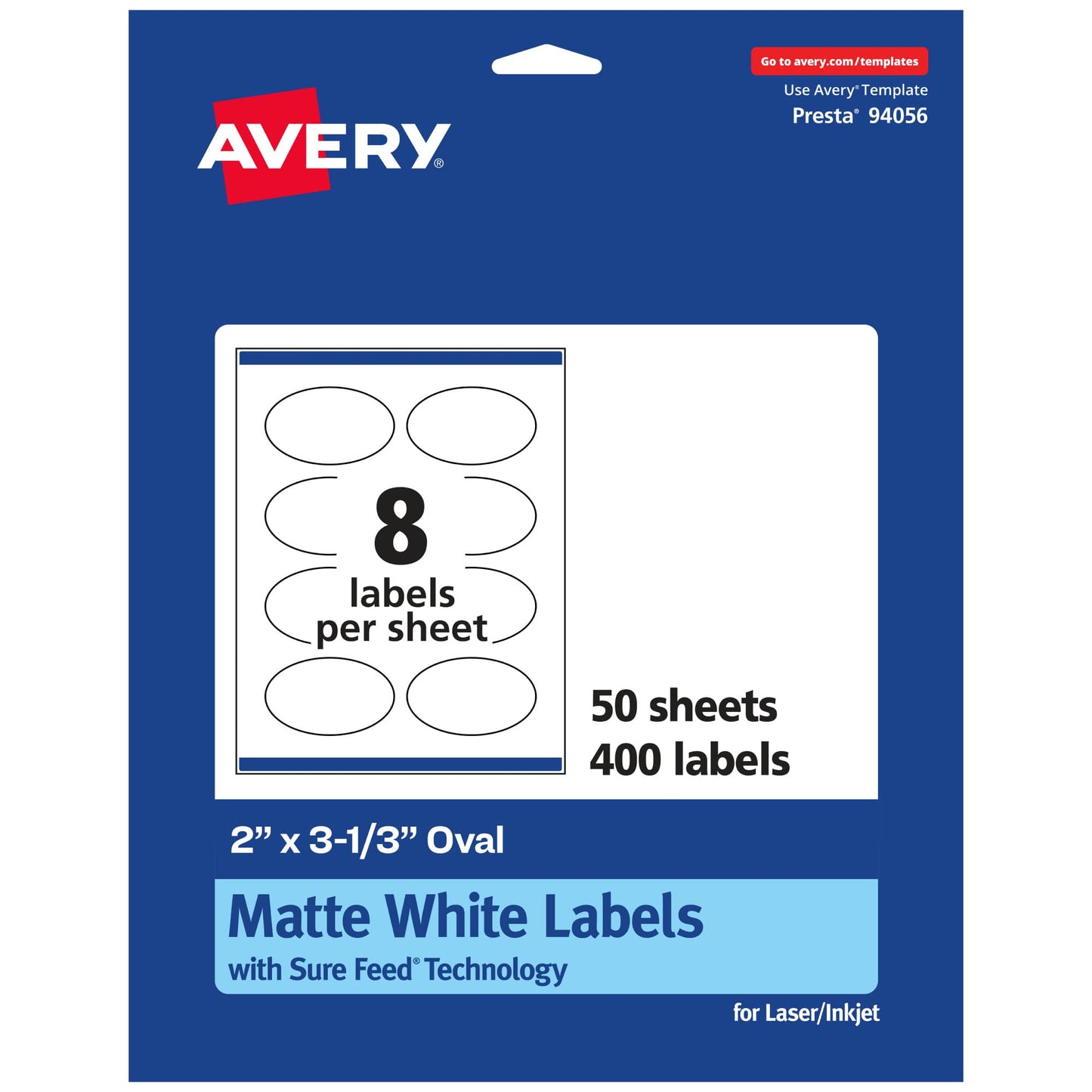 Avery Matte White Oval Labels, Sure Feed Technology, 2" x 3-1/3", 400 Matte White Printable Labels