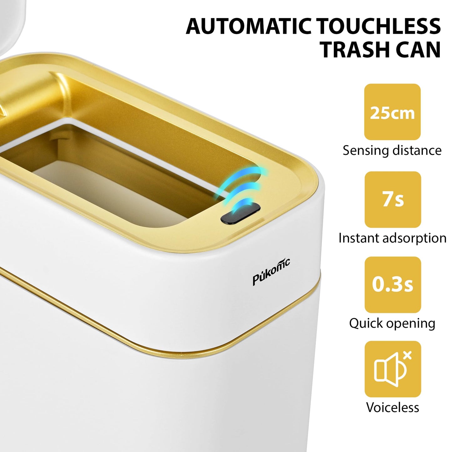 Pukomc 2.3 Gallon / 9L Automatic Adsorption Sensor Trash Can, White Gold Motion Sensor Garbage Bin with Suction, Slim Fashionable Design for Kitchen, Bathroom, Office & Small Space