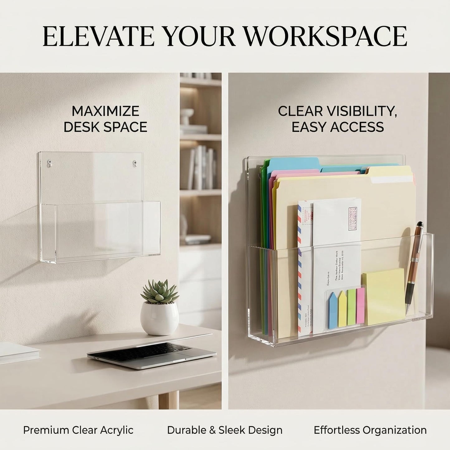 JUESHA 2 Pack Clear Acrylic File Holder Wall Mount Self Adhesive, Letter Size Hanging Paper Organizer, Wall Pocket File Holder Storage for Letter Folder Brochure Magazine Bookshelf Literature Display