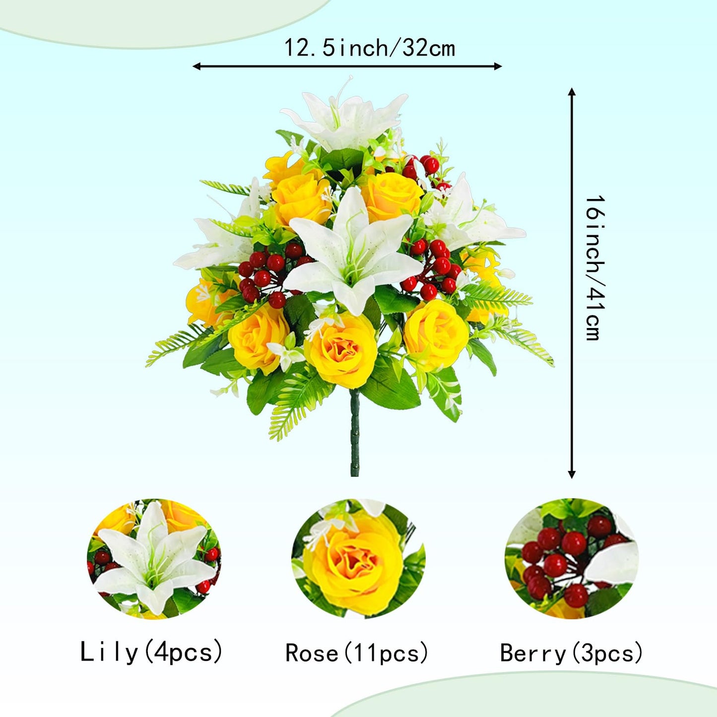 RUMEAVAO 2 Sets Artificial Silk Cemetery Flowers, Memorial Flowers for Gravesite, Blue & Yellow Roses Lily Bouquet, Memorial Day Mother's Day Grave Decorations