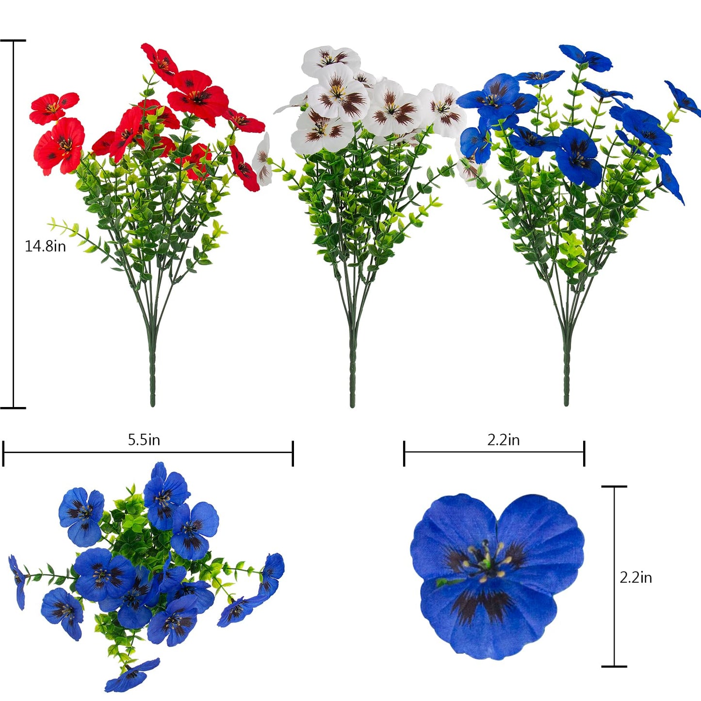 lovemoon 2 Sets Artificial Hanging Pansies Flowers with Baskets, 24 Pcs Faux Patriotic Silk Pansy Outdoor Flower for Porch Patio Garden Home Summer 4th of July Decor (Y/P/W) (2, RedWhiteBlue)