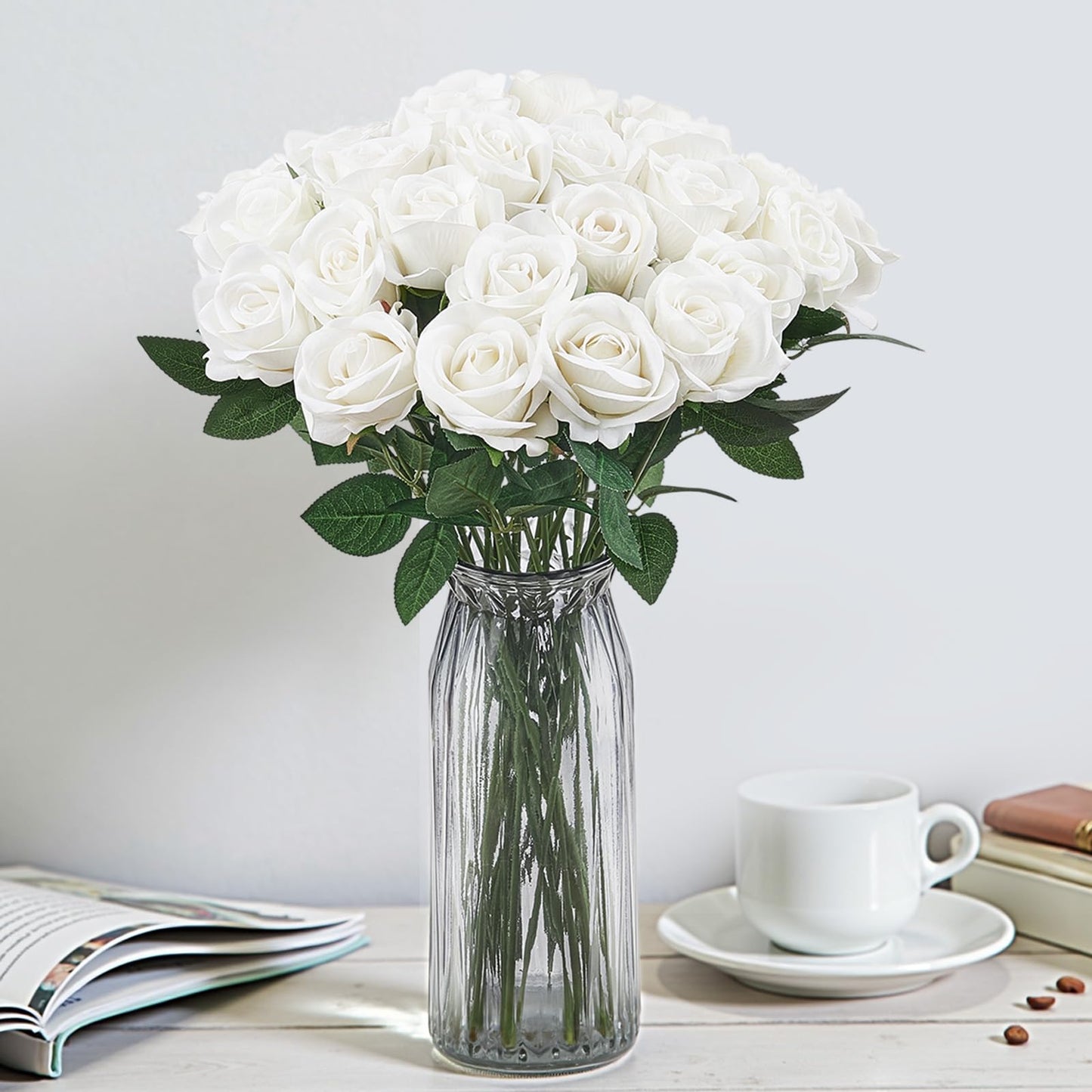 VEVOR Artificial Flowers, 60 pcs Real Looking White Foam Fake Roses Bulk, White Faux Bridal Shower with Stems for DIY Wedding Bouquets, Home Centerpieces Arrangements, Party Tables Decorations