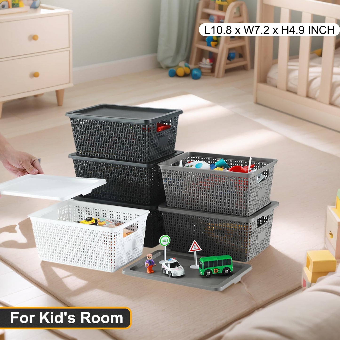 Storage Bins with Lids | Plastic Storage Baskets with Lids for Office Organization,Stackable Organizing Bins with Latching Design, Easy-Clean Boxes for Home, Office, Toys & Classroom Supplies, 6 packs
