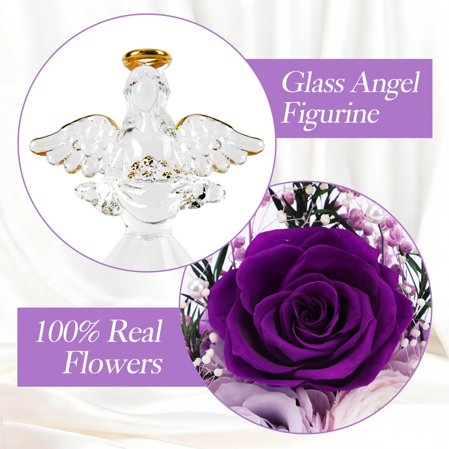 Casaido Mothers Day Rose Gifts for Women, 7" Purple Preserved Roses Flowers in Glass Angel Figurine, Birthday Gift for Mom Wife Grandma, Eternal Rose for Valentines Christmas Anniversary