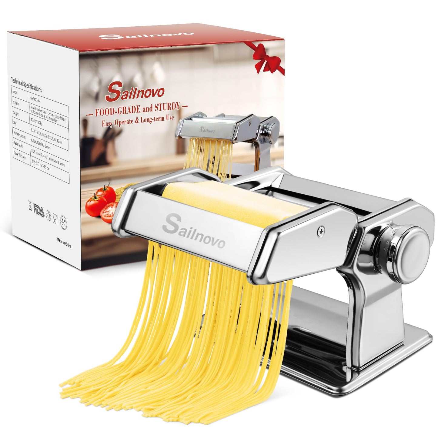 Sailnovo 3 in 1 Pasta Maker Machine - 9 Adjustable Thickness Settings Aluminum Alloy Pasta Roller & 2 Width Cutters for Fresh Spaghetti, Fettuccini, Lasagna, Dumplings - Stainless Steel, Silver