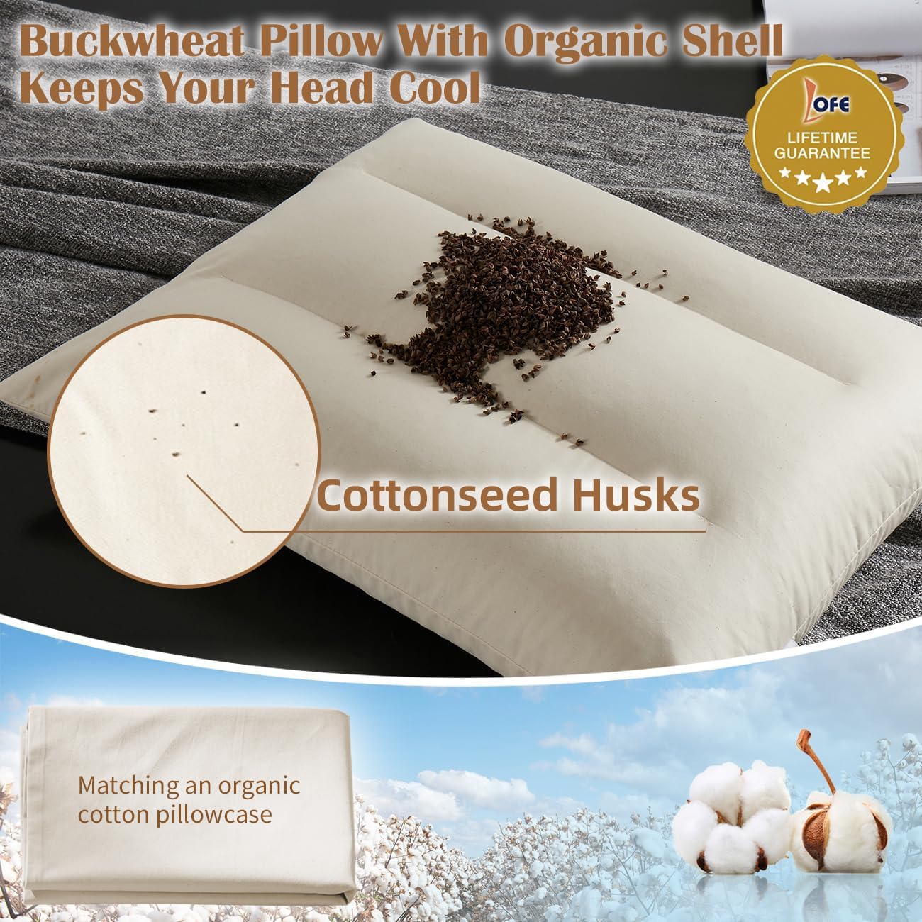 LOFE Buckwheat Pillow with Organic Cotton Pillowcase - 20''x26'' Organic Buckwheat Pillow with Baffle Box for Support, Adjustable Tartary Buckwheat Hull Pillows, Organic Buckwheat Neck Pillows