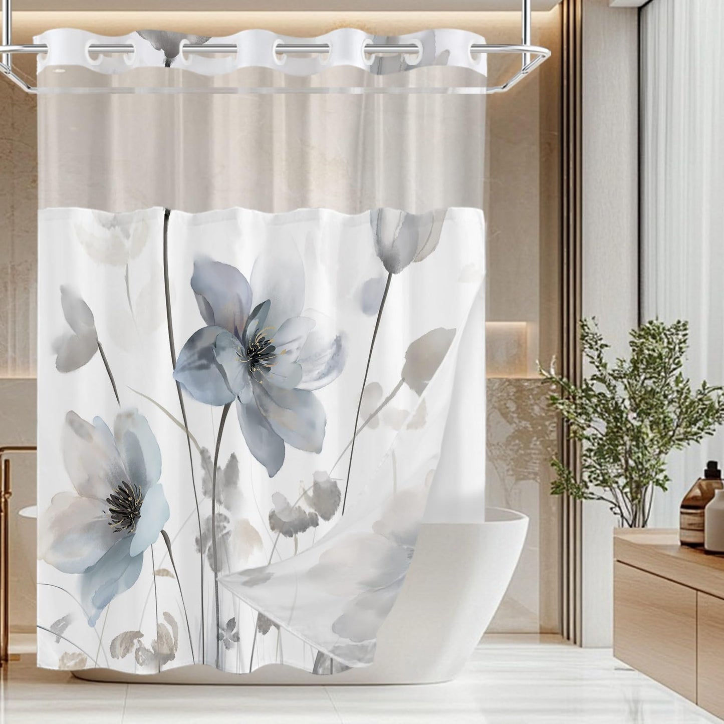 CTOTSYC No Hook Shower Curtain and Liner Set, Blue and Grey Boho Floral Shower Curtains for Bathroom, Watercolor Flower Waterproof Bathroom Curtain Sets with Snap in Liner, 71x74 Inch