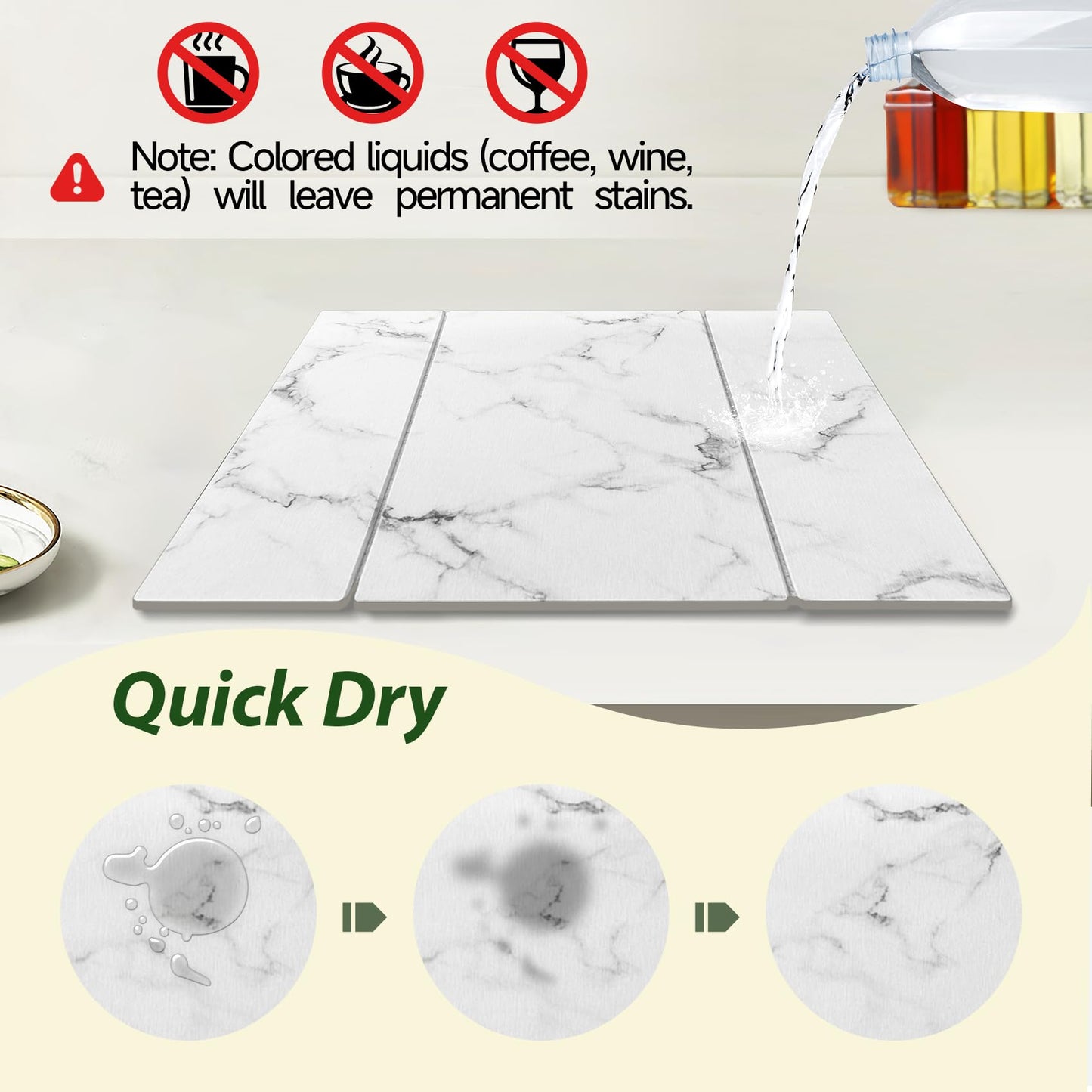 Large Stone Drying Mat for Kitchen Counter, 24"x16" Collapsible Quick Dry Dish Drying Mat, Water-Absorbent Marble Diatomaceous Earth Mats for Bottles Cups Dishes, Match Any Countertop