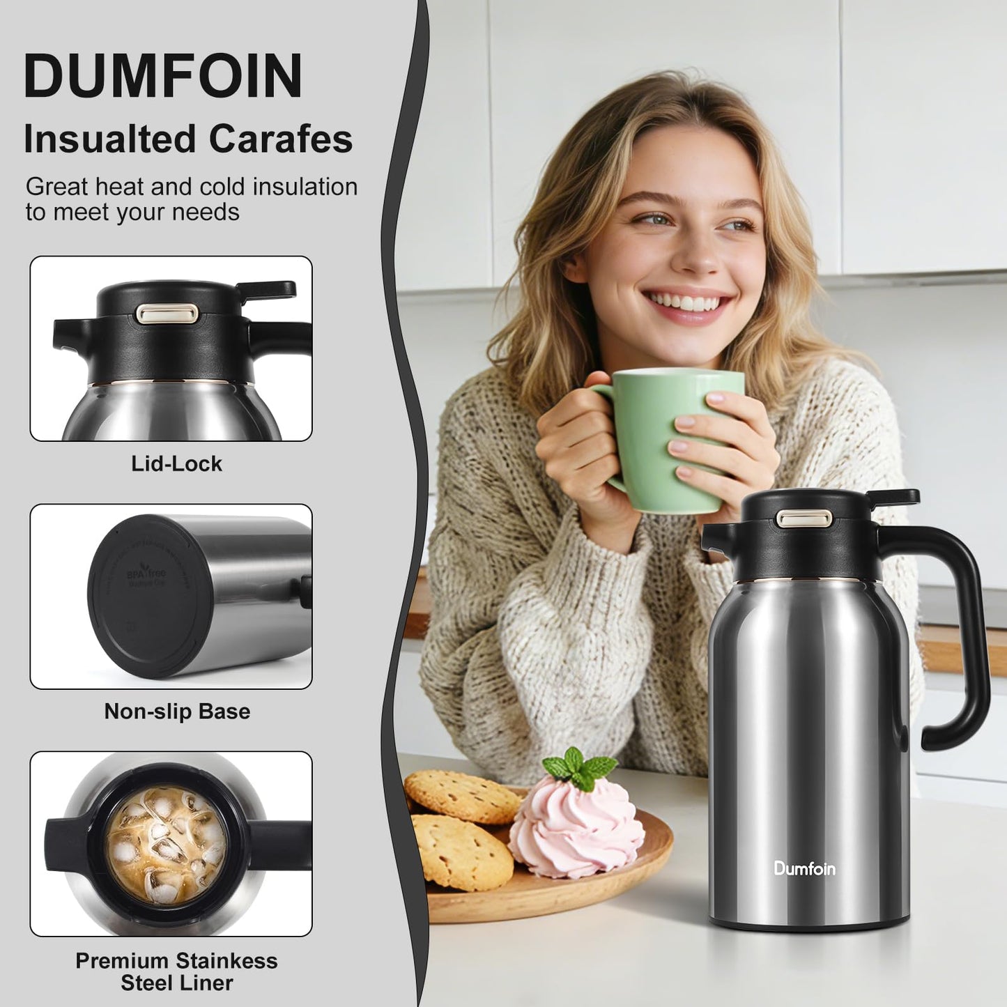 68 Oz Thermal Coffee Carafe, Stainless Steel Insulated Vacuum Coffee Carafes For Keeping Hot Liquid Thermal Pot Creamer Pitcher Dispenser(Silver/Silver)