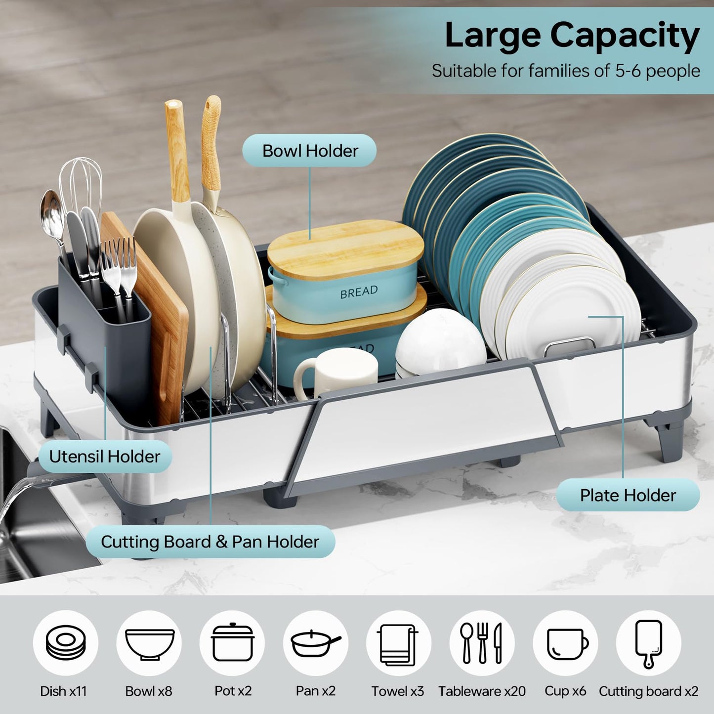 Urackify Large Dish Drying Rack - Triple Expandable Dish Rack for Kitchen Counter, Stainless Steel Sink Organization and Storage Essentials with Utensil & Pans Holder for Home and Appartment, Gray